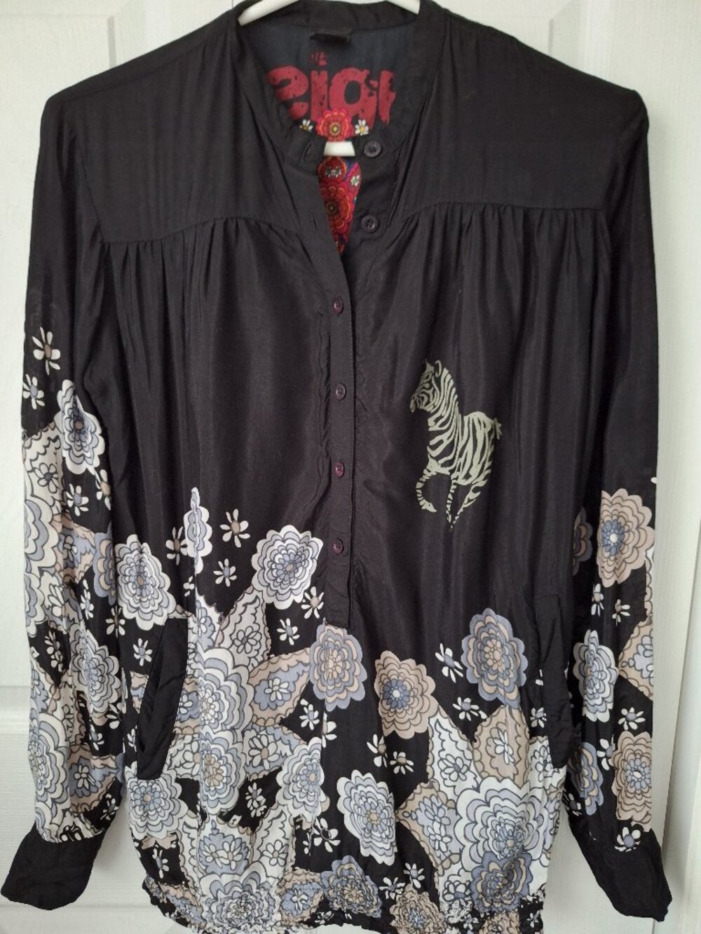 Desigual Black Blouse with Zebra and Floral Design